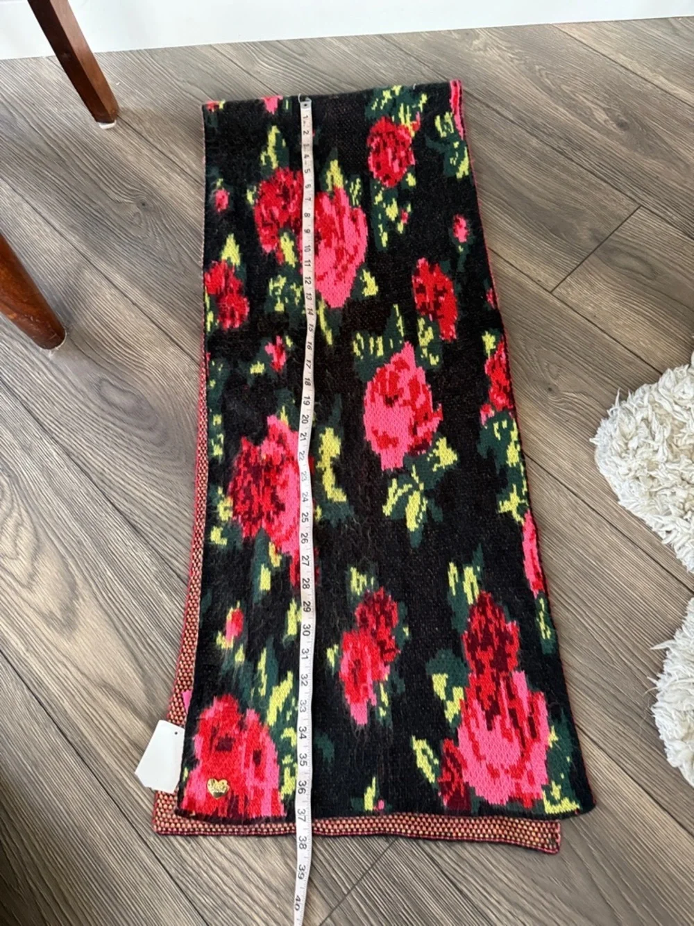 Betsey Johnson Black Knit scarf with Red and Pink Floral Print NWT